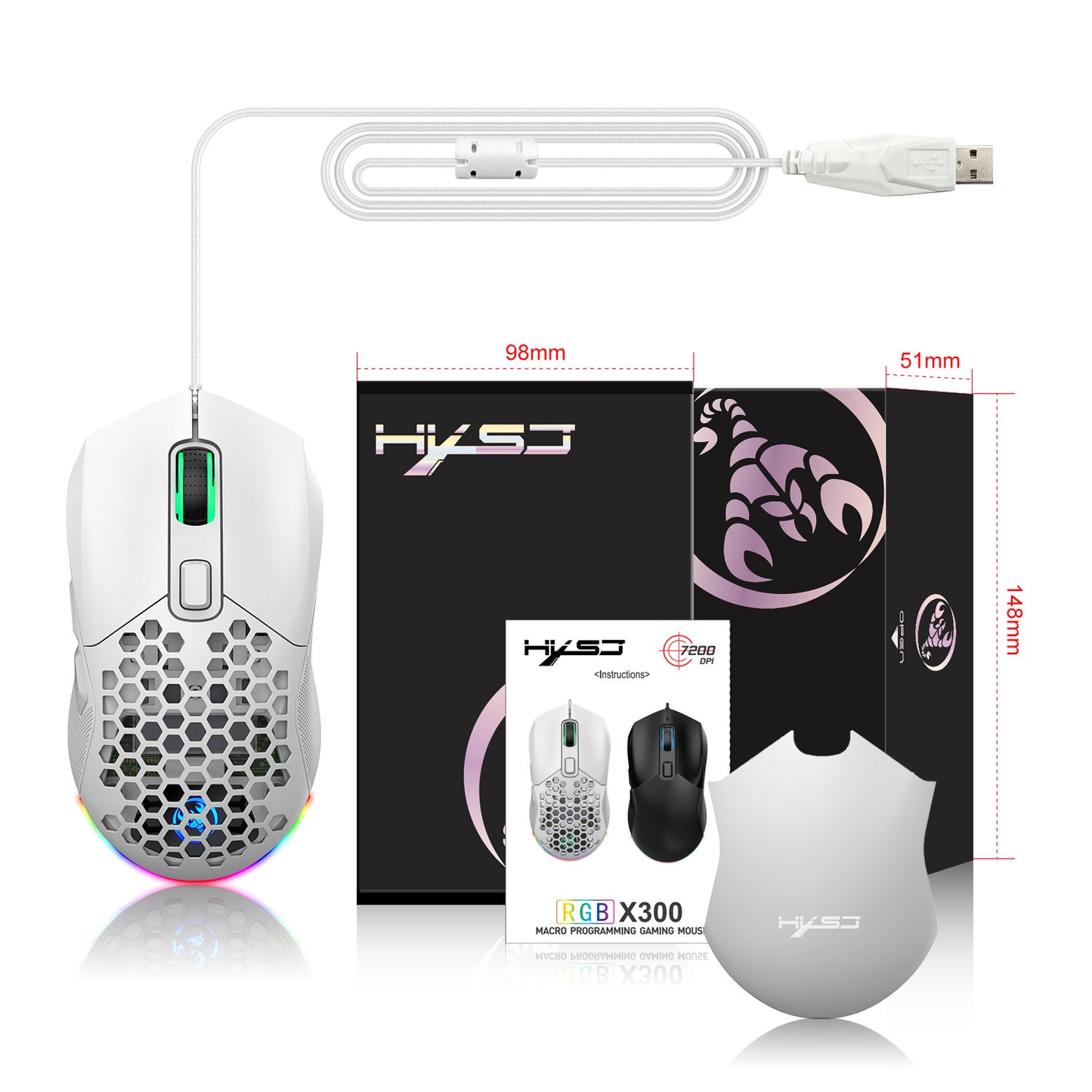 X300 Hollow-Out Lightweight Wired Gaming Mouse - RGB, Macro Programming, 1.5m Cable | Blue, White & Black
