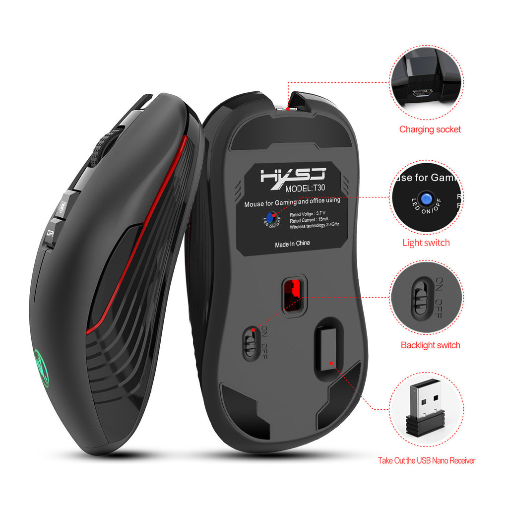 T30 Ergonomic Wireless Gaming Mouse - 7-Colour RGB, 3600 DPI, 8 Buttons, 750mAh | USB Rechargeable