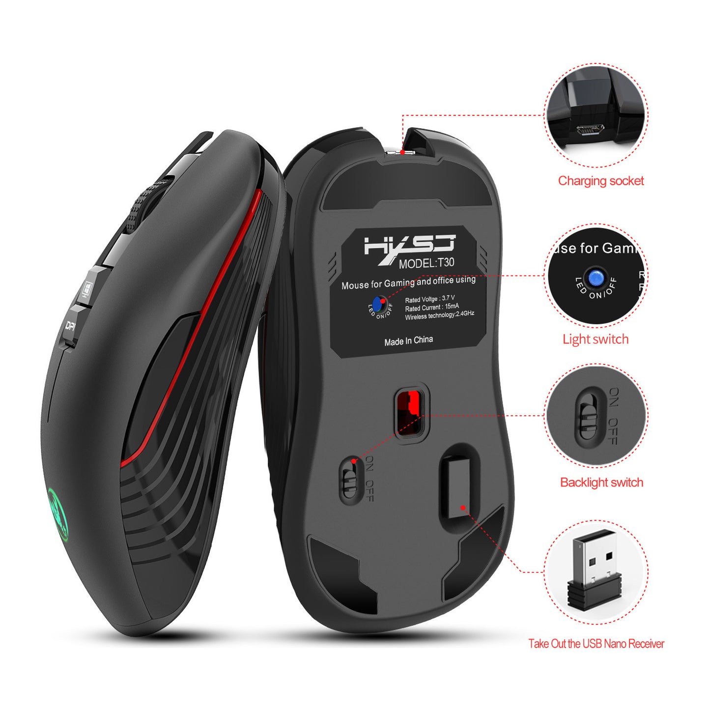 T30 Ergonomic Wireless Gaming Mouse - 7-Colour RGB, 3600 DPI, 8 Buttons, 750mAh | USB Rechargeable