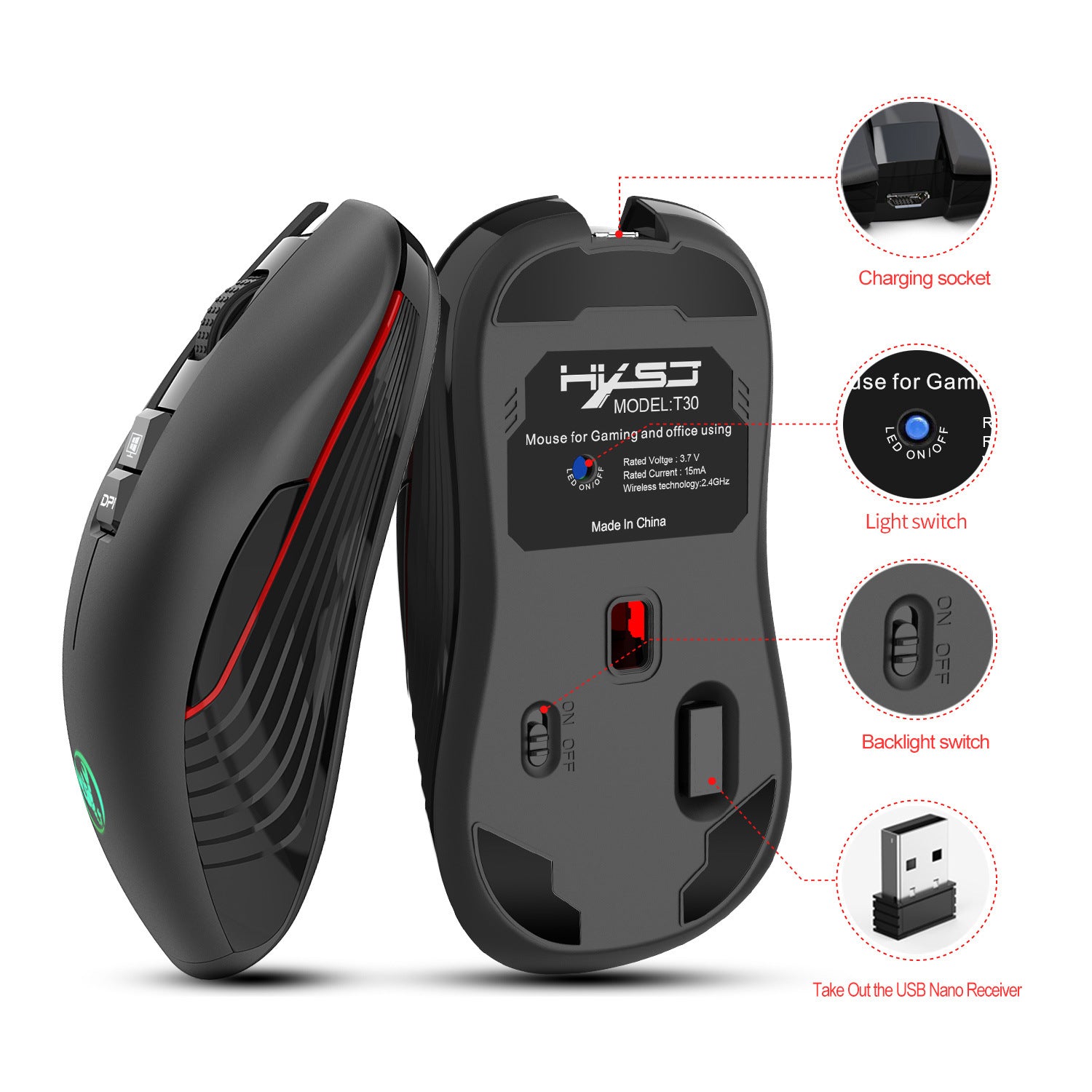 T30 Ergonomic Wireless Gaming Mouse - 7-Colour RGB, 3600 DPI, 8 Buttons, 750mAh | USB Rechargeable